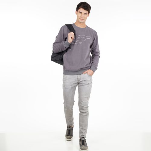 Polerón Crew Neck Regular Fit E Letras Gris Oscuro