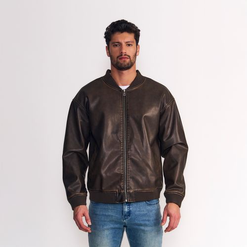 Chaqueta Bomber Hombre Pu Desgastada Café