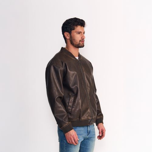 Chaqueta Bomber Hombre Pu Desgastada Café