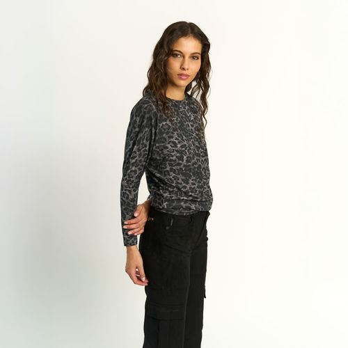 Polera Ellus Mujer Manga Larga Leopardo Logo Frontal Negro