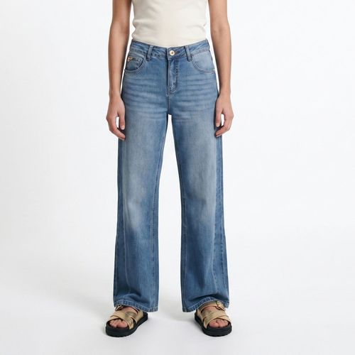 Jeans Mujer New Wide Dark Med Blue con Cortes