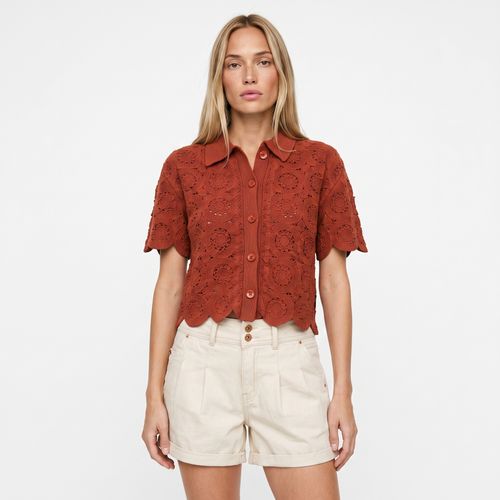 Blusa Mujer MC Tejida Crochet Cuello Polo